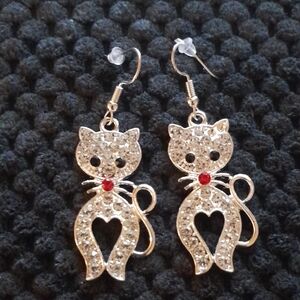 Isabella Elegant Silver Cat Earrings with Red Accents